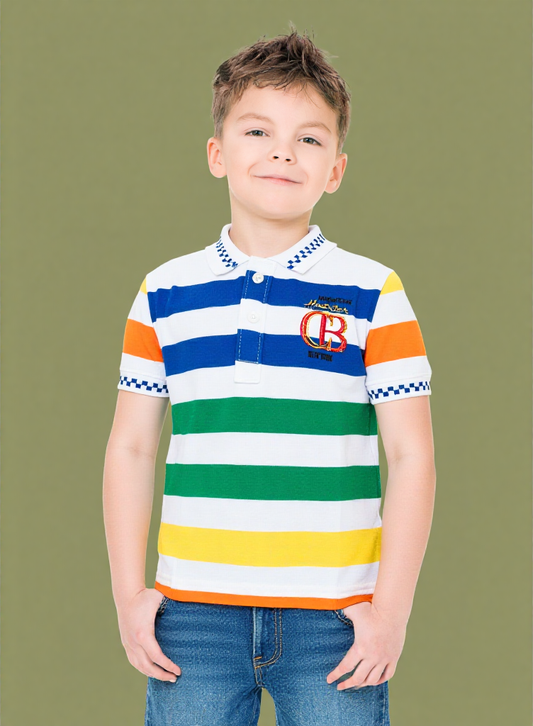 Sporty Look-Striped Looper Cotton T-Shirt for Kids