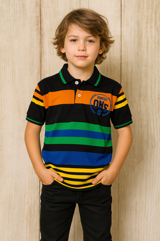 Half Sleeve Collar T-Shirt for Kids – Multi Stripe Lycra Sport Design
