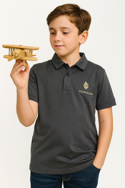 Plain Collar Tencel Tee – Smart Casual for Kids-GREY Color