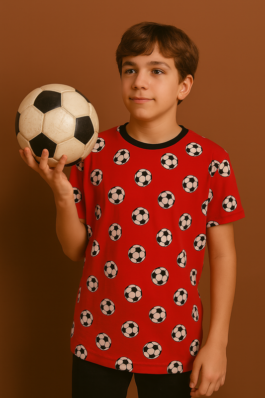 Football Print Red Color -Cotton Spandex Kids T-Shirts – Best for Active Play & Movement