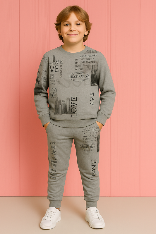 Grey Printed Fleece Tracksuit for Boys – Cool and Clean Look for Winter Wear