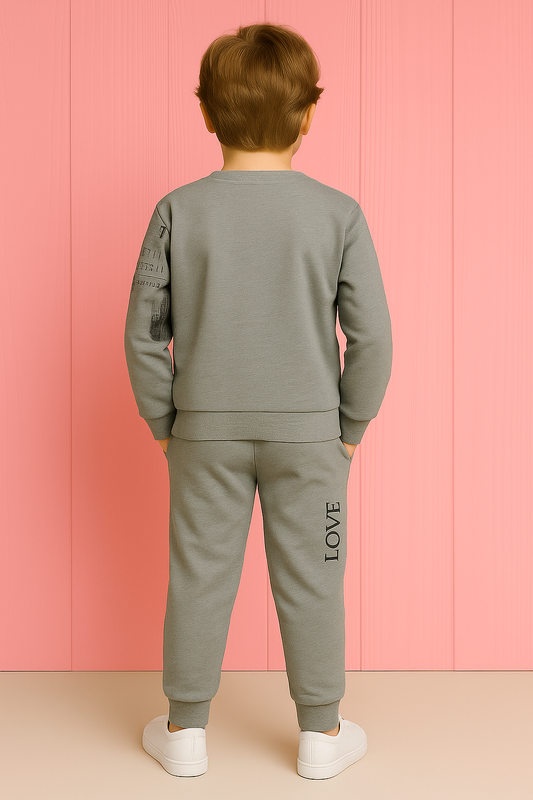 Grey Printed Fleece Tracksuit for Boys – Cool and Clean Look for Winter Wear